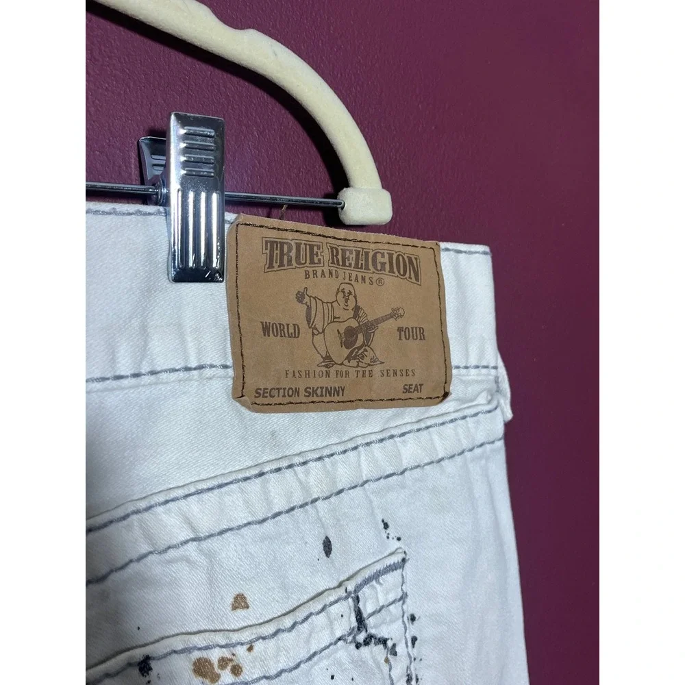 True Religion White Paint Splatter Distressed Skinny Denim Shorts Mens